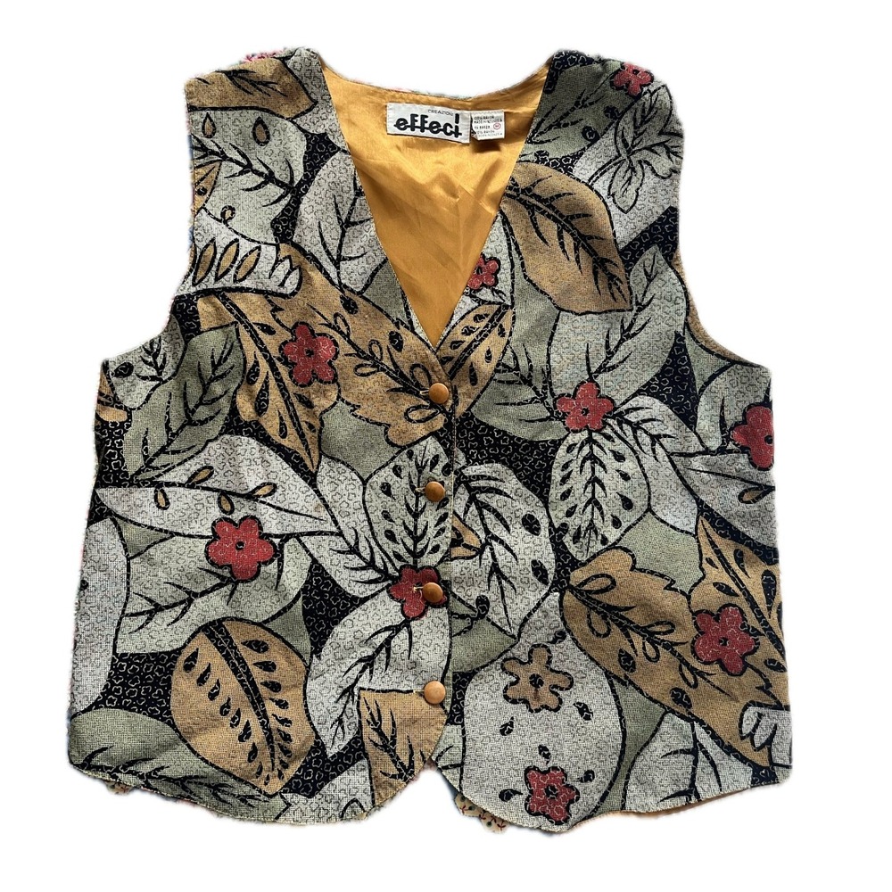 Vintage 70s Funky Botanical Print Rayon Vest Womens Medium Boho Floral